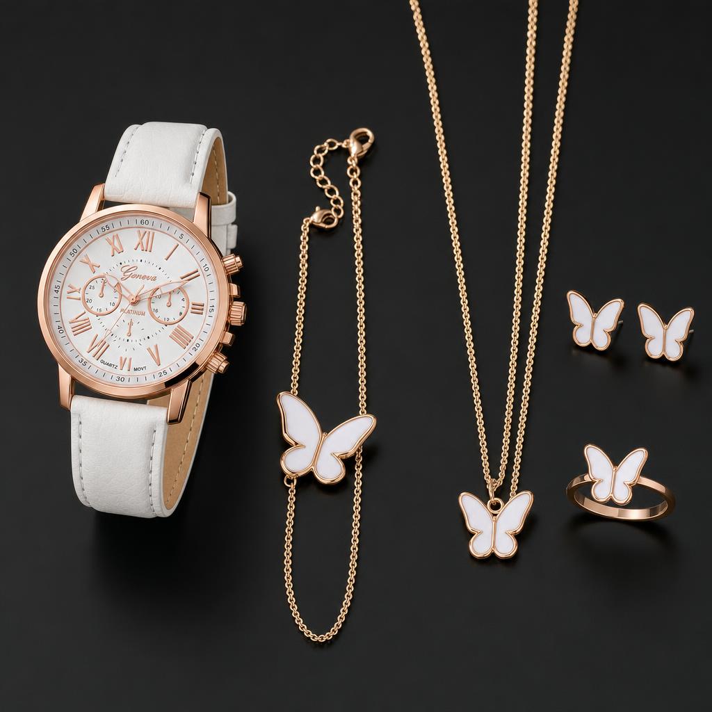 Conjunto blanco con mariposas sobre fondo negro: reloj de oro rosa, pulsera, collar, pendientes y anillo
